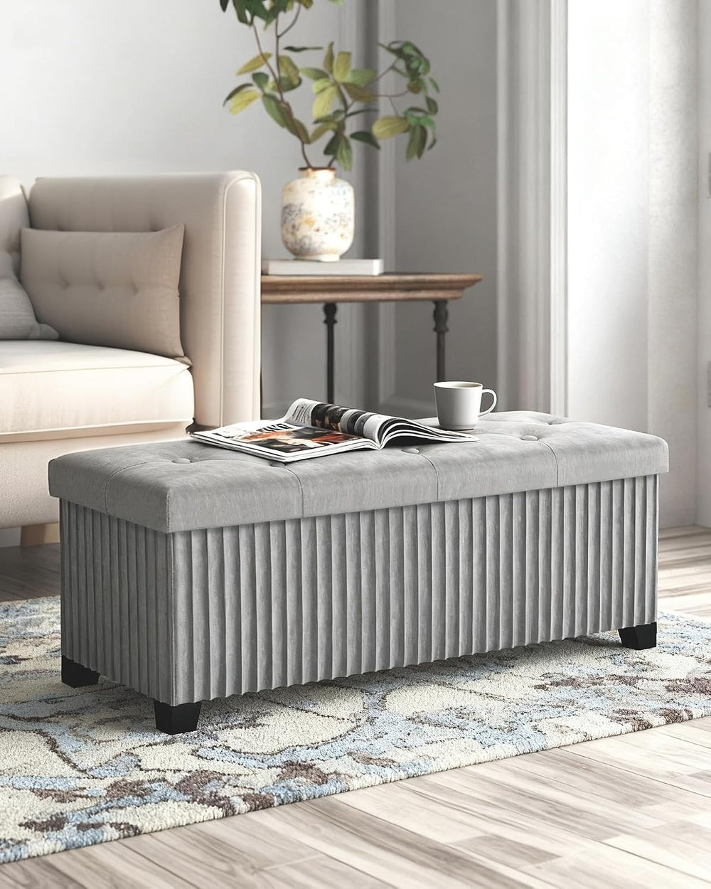 LITZFUR 43 Inches Storage Ottoman Bench, Velvet Foot Rest Stool, Grey | Foldi...