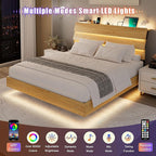 Feonase Floating Bed Frame Full with Led Lights and Charging Station, Wood Full Size Bed Frame with Storage Headboard, Heavy Duty Metal Slats, No Box Spring Needed, Easy Assembly,Oak