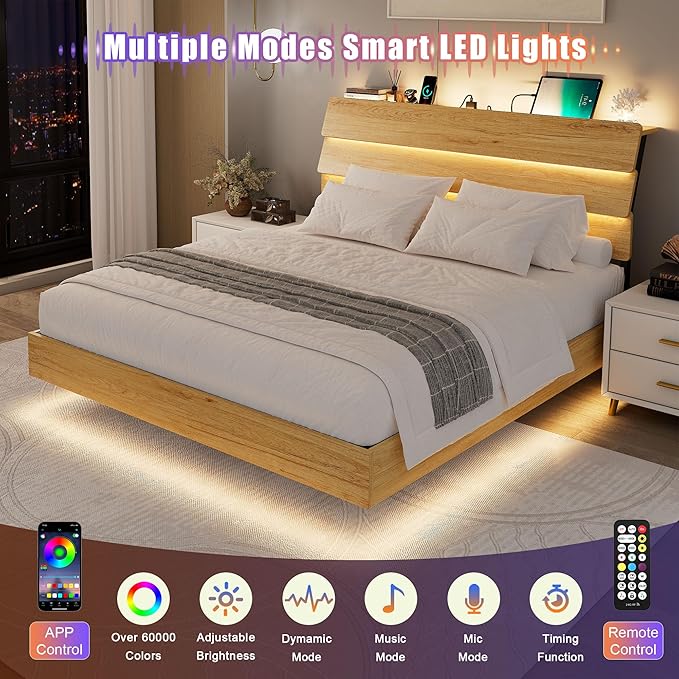 Feonase Floating Bed Frame Queen with Led Lights and Charging Station, Wood Full Size Bed Frame with Storage Headboard, Heavy Duty Metal Slats, No Box Spring Needed, Easy Assembly,Oak
