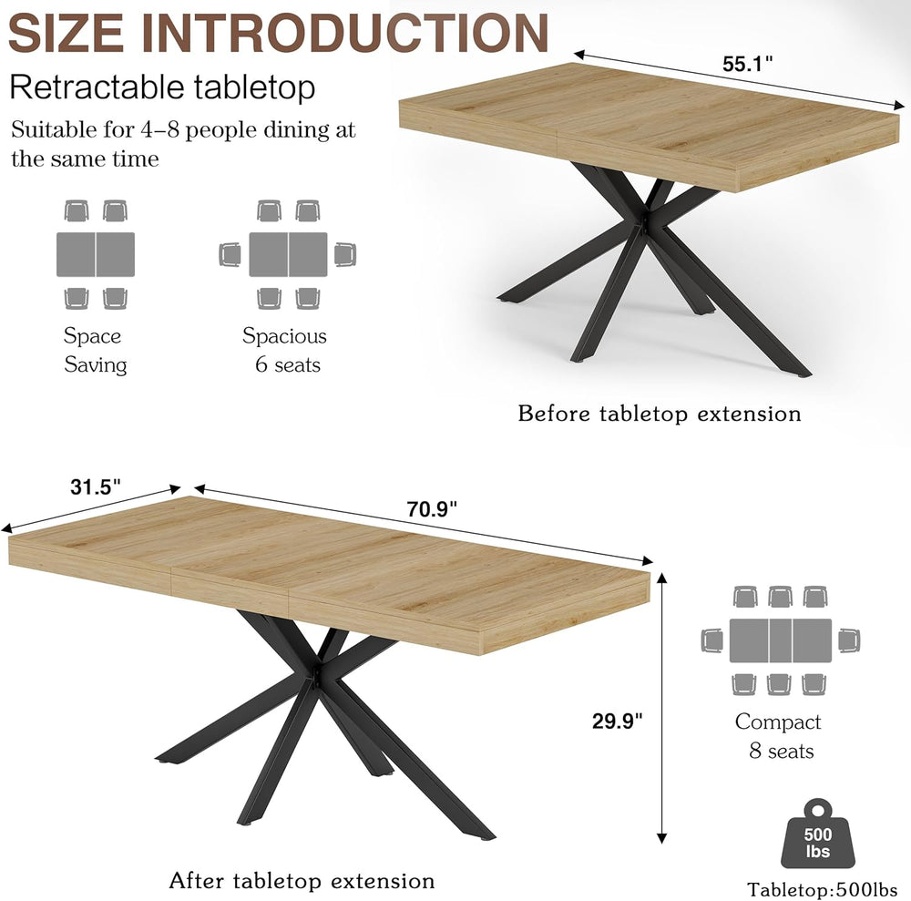 Extendable Dining Room Table for 4 6 8, 55"-70.9" Large Rectangle K...