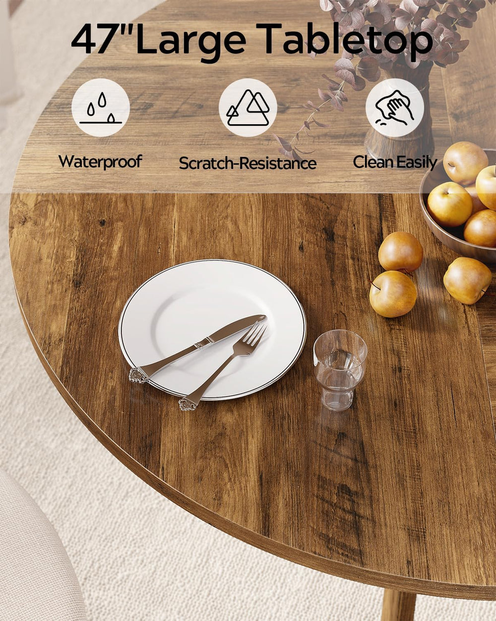 Farmhouse Round Dining Table for 4-6 People, 47" Wood Kitchen Table with...