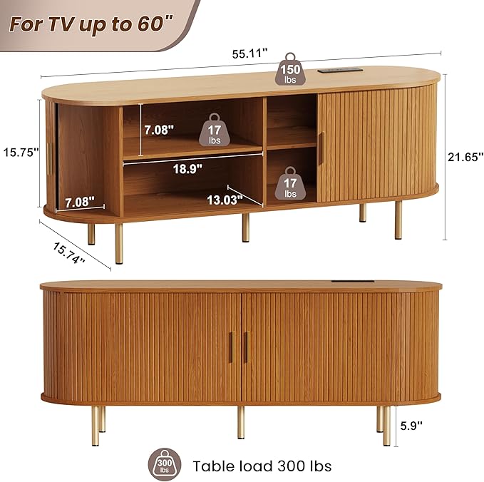 DHH 55 Inch Mid Century Modern TV Stand with Power Outlet for TVs up to 60 Inch, Entertainment Center with Storage and Adjustable Shelves, Media Console with Sliding Doors for Living Room(Yellow)