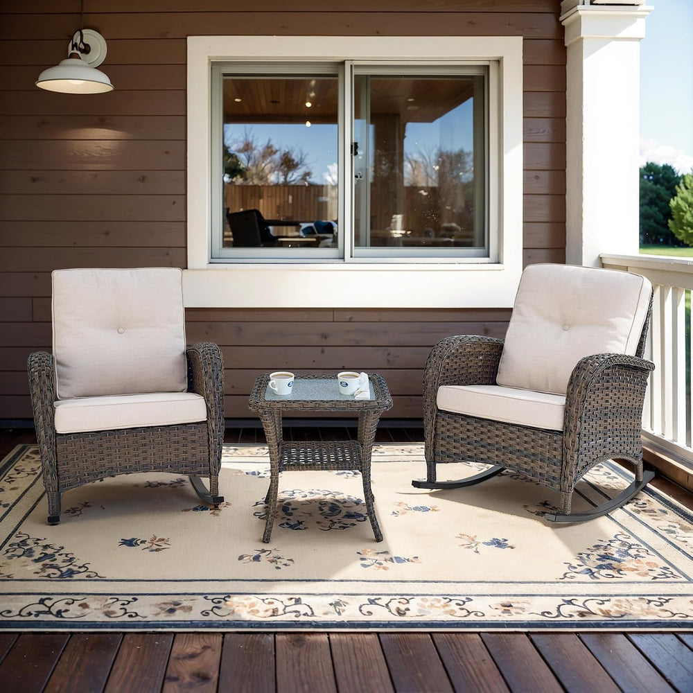 Belord Wicker Porch Rocking Chairs - 3 Pieces Patio Bistro Set High Back Outd...