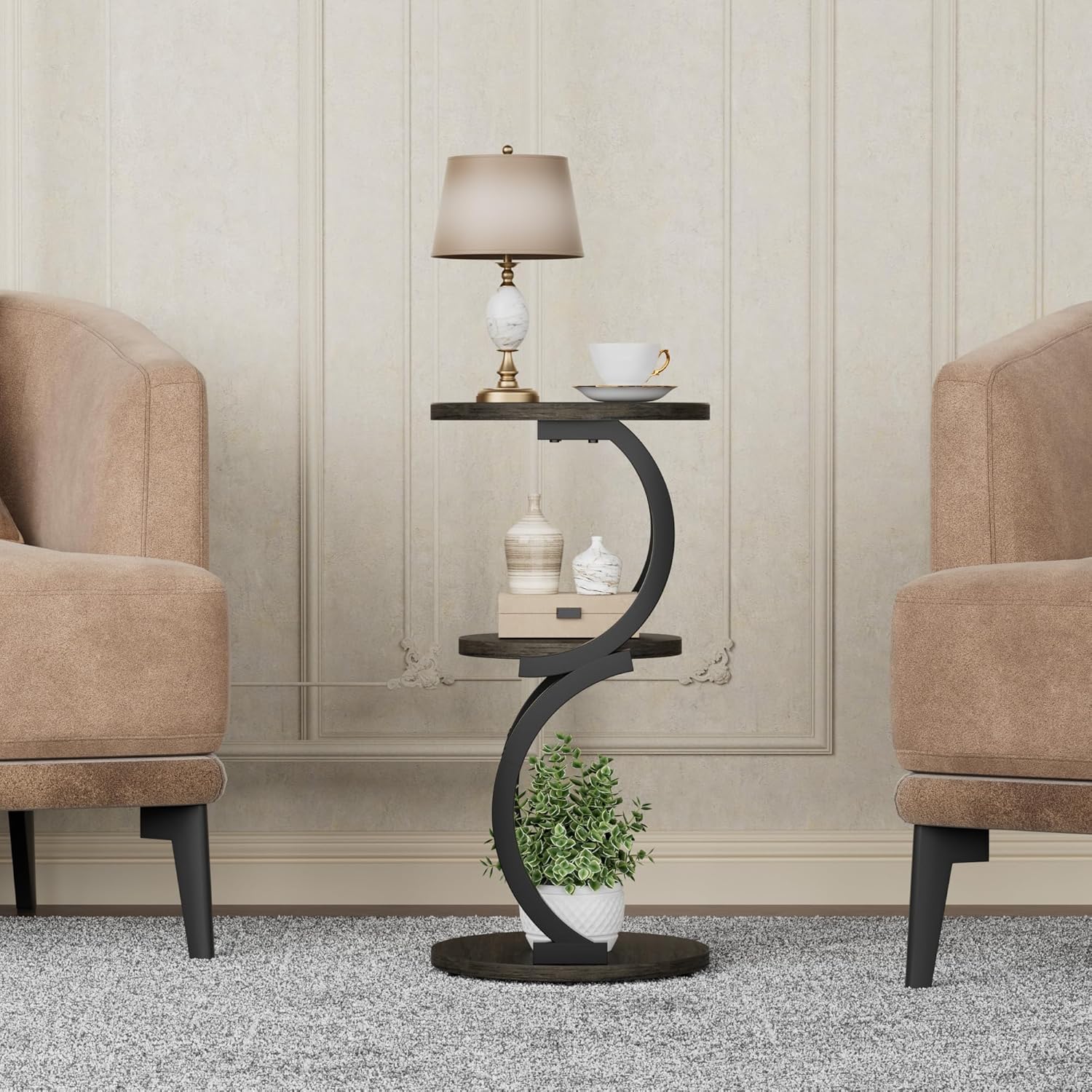 JUSTOGO Small Round Side Table, 3-Tier End Table for Living Room, Vintage Nightstand for Small Spaces Sofa Couch Corner Bedside Bedroom, S-Shaped Wood Accent Table Matel Coffee Table, Charcoal Grey