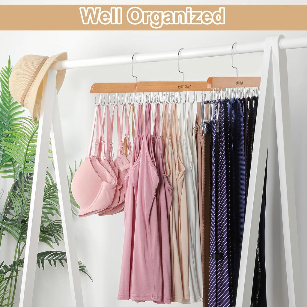 TOPIA HANGER Bra Hanger for Closet, Tank Top Hangers 20 Hooks Capacity Foldable Wood Space Saving Hangers Closet Organizer for Bra, Tank Top, Scarf, Belt, Tie, Hoodie etc - CT46N