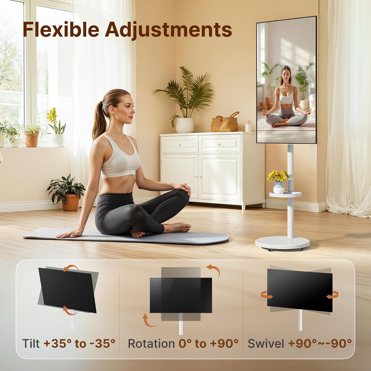 Rolling TV Stand for 13-43" TVs, 33 lbs, White | Compact mobile TV cart, portrait or landscape rotation, adjustable storage box and shelf, VESA up to 200x200