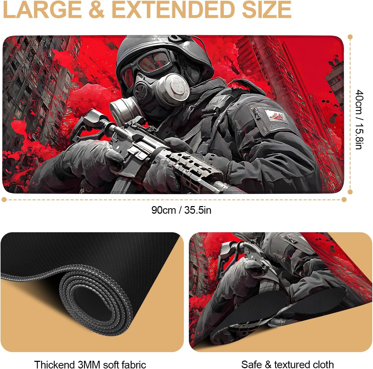Large Extended Gaming Mouse Pad - Military Soldier Design, Soft Fabric Desk Mat with Non-Slip Rubber Base, Extra Long Mousepad for Gaming, Office, Keyboard & Mouse, 35.43 x 15.75 in