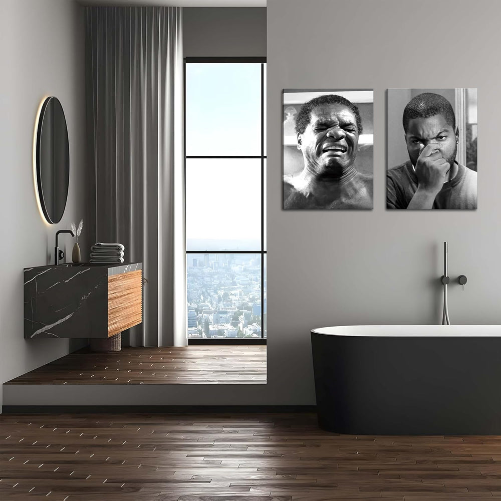 Framed Funny Bathroom Canvas Wall Art Set of 2 - Black and White Vintage Come...