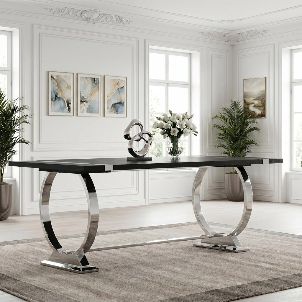 Asday 77" Modern Dining Table for 6-8, Black Wooden Dining Table with Silver Polished Stainless Steel U-Shaped Base, Rectangular Kitchen Table for Dining Room, Kitchen & Living Room