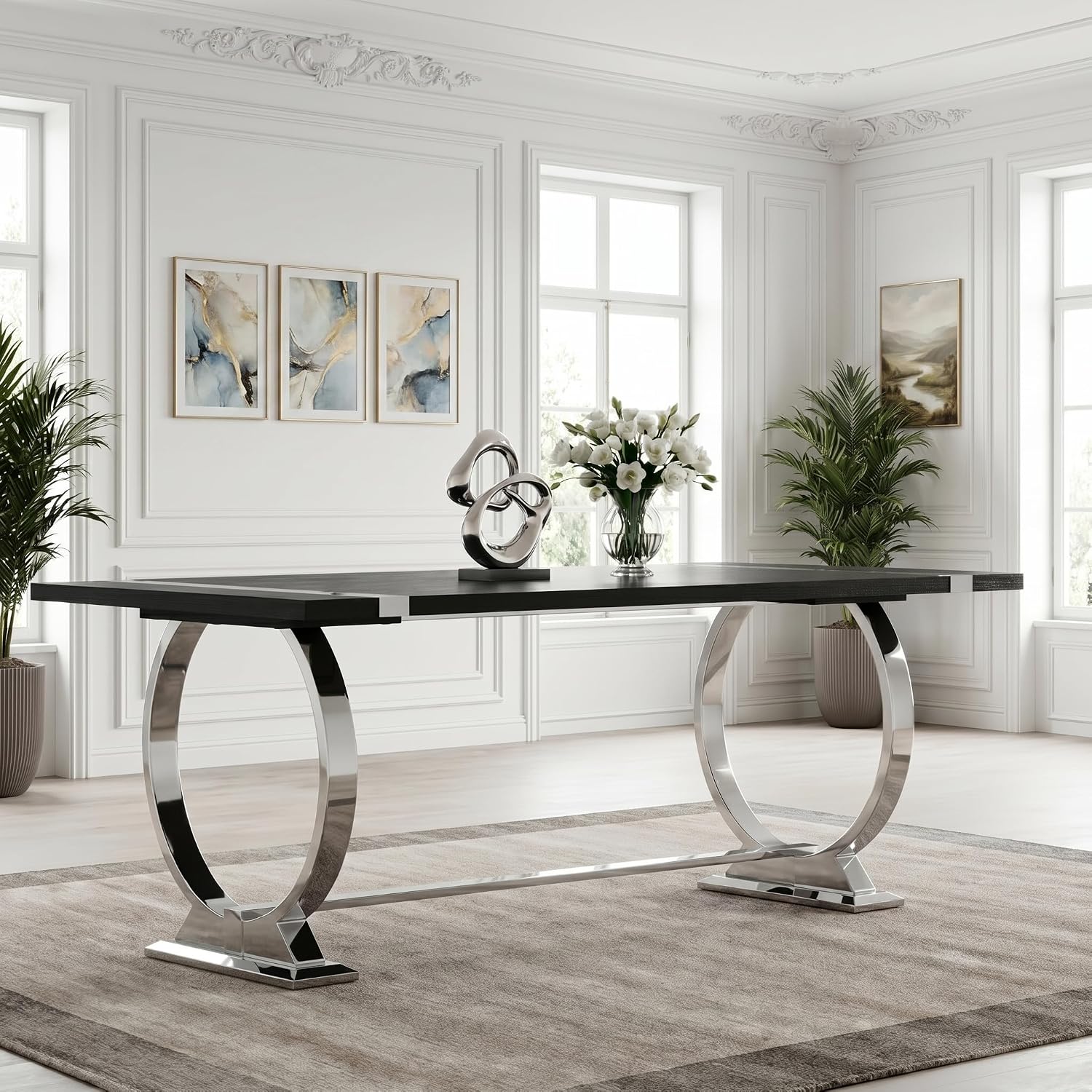 Asday 77" Modern Dining Table for 6-8, Black Wooden Dining Table with Silver Polished Stainless Steel U-Shaped Base, Rectangular Kitchen Table for Dining Room, Kitchen & Living Room