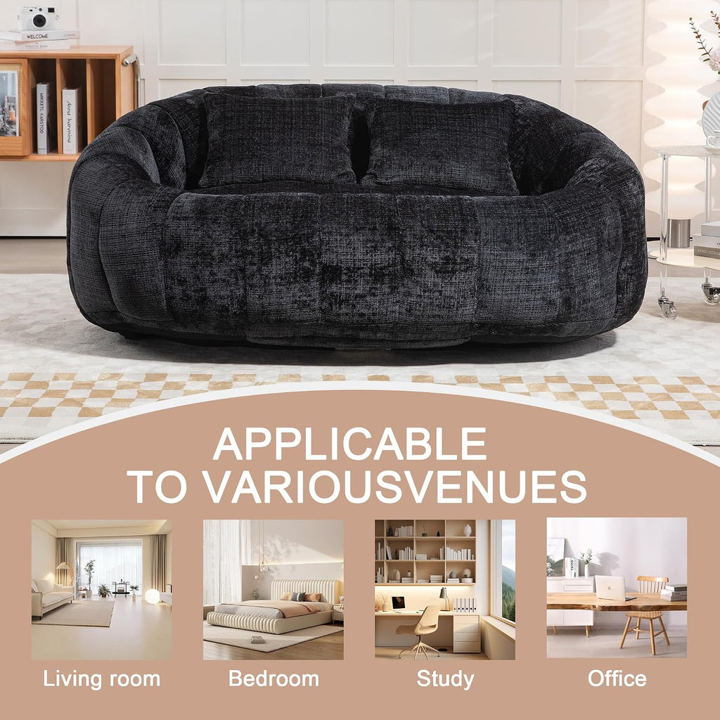 QQU Giant Bean Bag Chairs for Adult and Kids with 2 Pillows, 2-Seat Bean Bag Sofa with Armrest and Back, Chenille Loveseat Filling high -Density Foam, Large Lazy Sofa for Living Room, Bedroom,Black