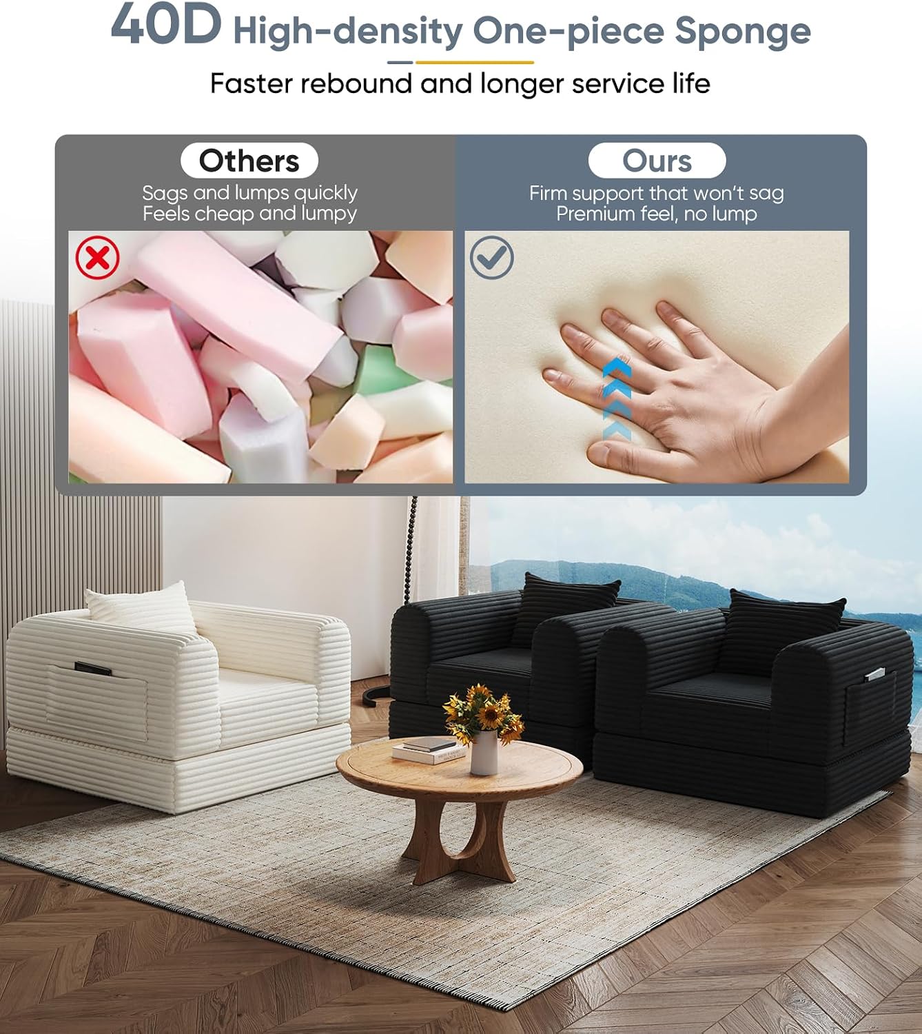 Versatile 2 in 1 Boneless Armchair Chaise Lounge Chair Indoor, Convertible Sleeper Chairs Couch Folding Sofa Bed Oversized Comfy Futon Floor Sofa BeanBag for Reading Nook Living Room Bedroom