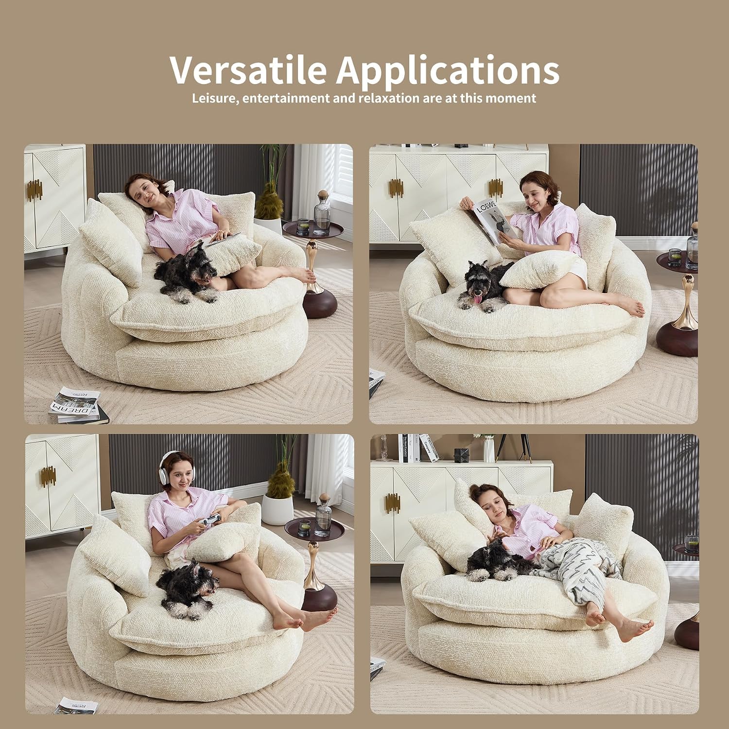 Oversized Fluffy Chenille Lounge Sofa - Extra Deep Seat Cozy Reading Circle Couch for Living Room | Indoor Lounge & Oversized Round Accent Design (Beige)