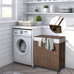 Greenstell Laundry Hamper with Wheels, No Install Needed, 90L Divided Handwoven Hampers & 2 Removable Liner Bags, Synthetic Rattan Clothes Laundry Basket with Lid & Handles, Foldable Hampers Brown
