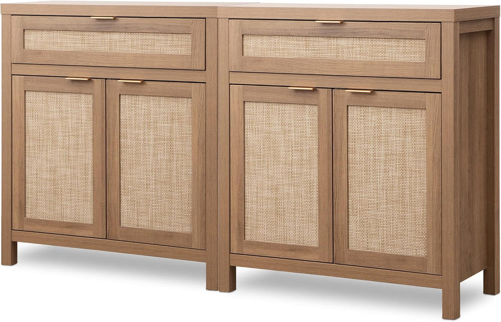 SICOTAS Sideboard Buffet Cabinet Set of 2, Rattan Credenza Storage Cabinet