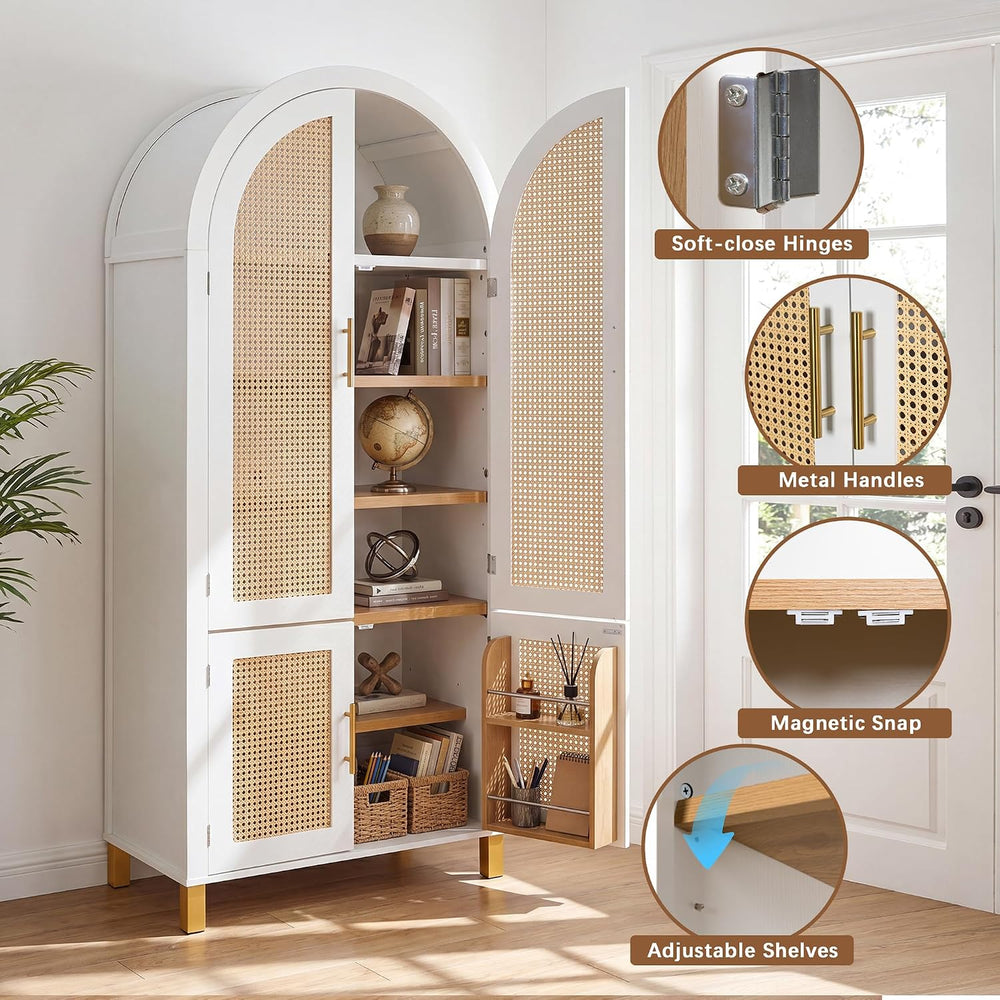KEIKI 71" Tall Storage Cabinet with Arched Rattan Doors, Freestanding Fl...
