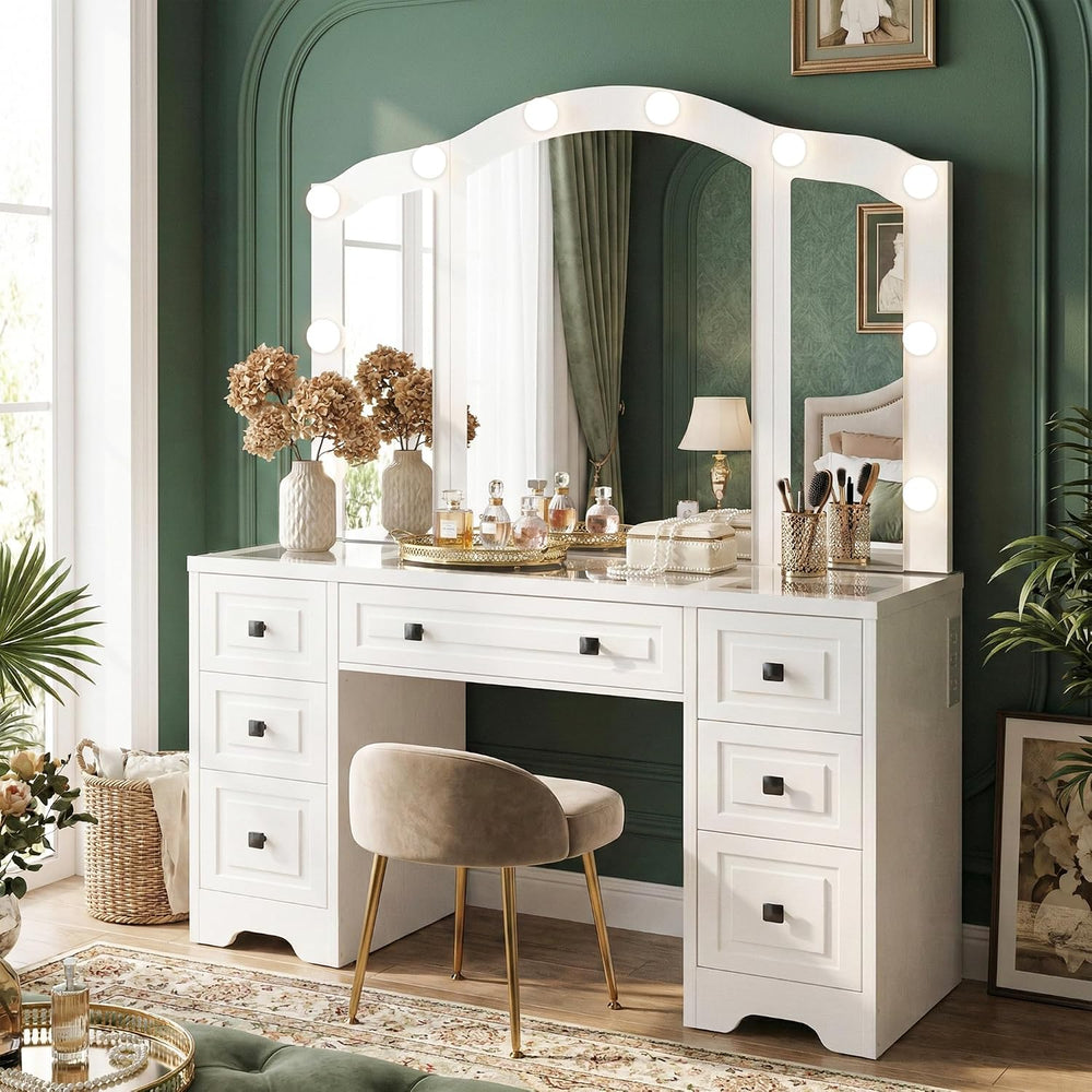 FUSUNBAO White Lighted Vanity Desk, Tri-Fold Mirror, 5 Drawers, Outlets | Ret...