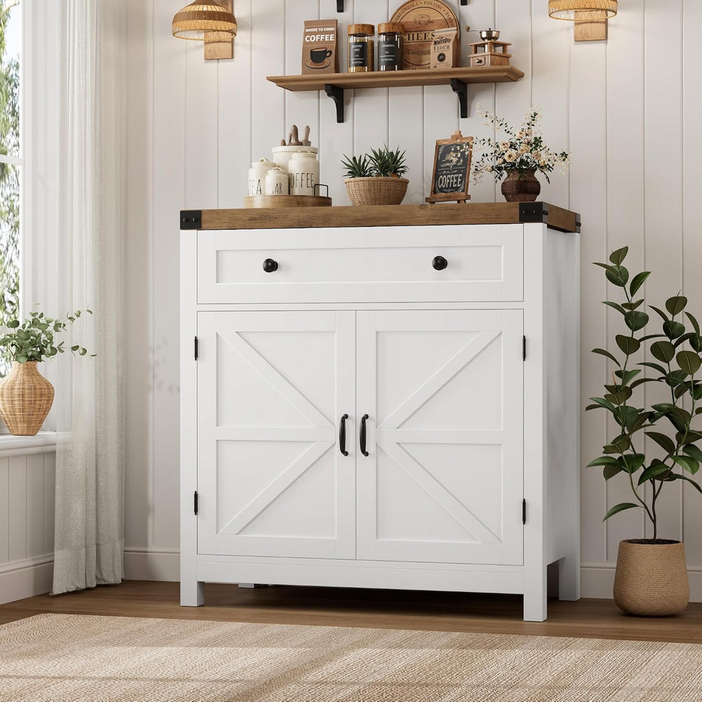 HOSTACK 31.5"W Kitchen Storage Cabinet, Farmhouse Coffee Bar Cabinet, Wh...