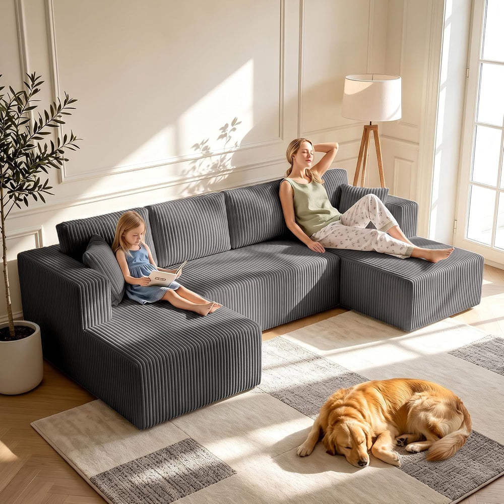 130" Couch U-Shaped Sectional Sofa, Grey | Corduroy Cloud Couch with Dou...