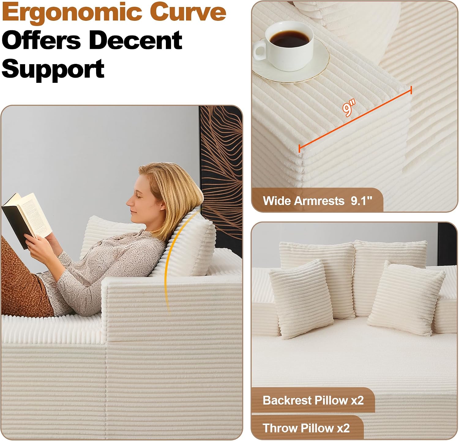Qulomvs 57" Oversized Chaise Lounge Chair Indoor, No Assembly Boneless Couch, Corduroy Upholstered Sofa Bed, Deep Seat Comfy Reading Chair, Cloud Sleeper Couch for Living Room, Bedroom (Beige)
