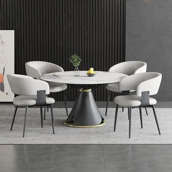 Modern Dining Chairs Set of 4, Faux Leather Upholstered Kitchen Chairs with Curved Back and Metal Legs, Mid Century Chairs for Dining Room, Kitchen, or Café (Light Gray)