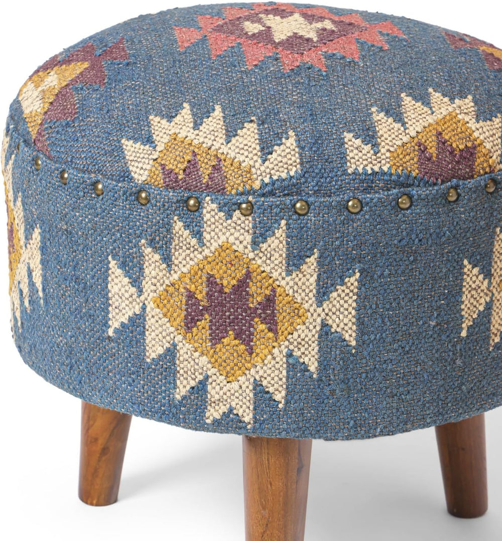 Handmade Kilim Jute Pouf Ottoman Stool | Round Upholstered Seating with Acaci...