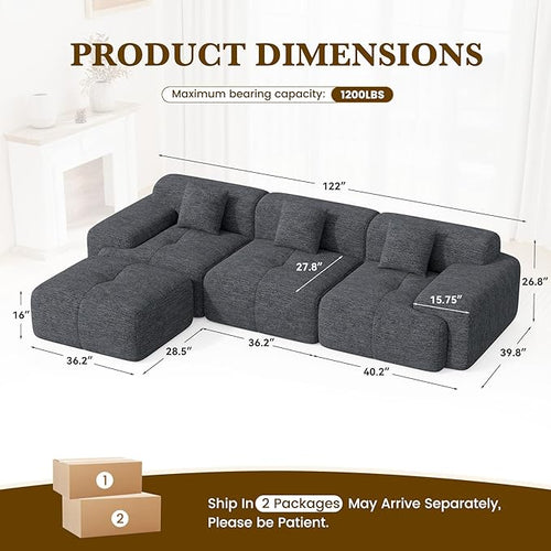 122" L Shaped Convertible Modular Couch, Cloud Couch Sectional with Ottoman, 4-Seater Chenille Boneless Couches for Living Room, Apartment, No Assembly, Grey Black 1PCS