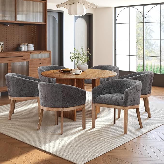 SoarFlash Mid Century Modern Upholstered Barrel Dining Chairs Set of 6, Farmhouse Linen Kitchen and Dining Room Chairs, with Natural Hardwood Frame (Grey)