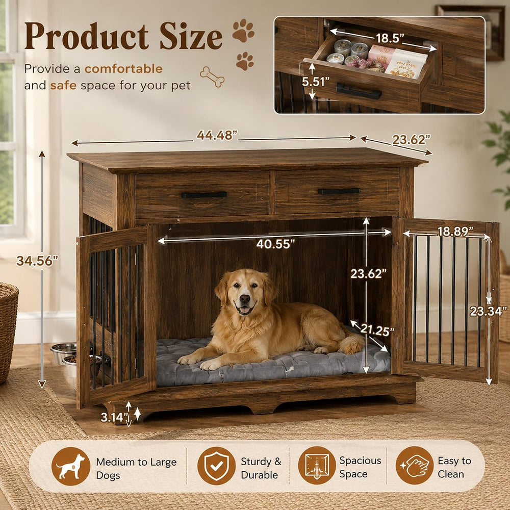 44.48" Large Dog Crate Furniture End Table (Brown) | 2 Storage Drawers, ...
