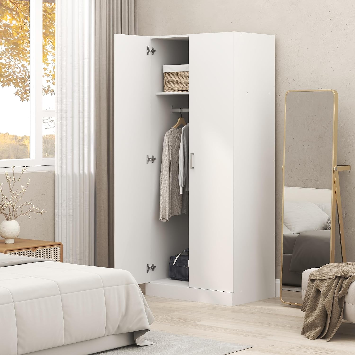 Furinno Robin Wardrobe Cabinet with Hanging Rod, Plain White | Closet Organizers and Storage, for Wardrobe, Bedroom, Living Room, Entryway,