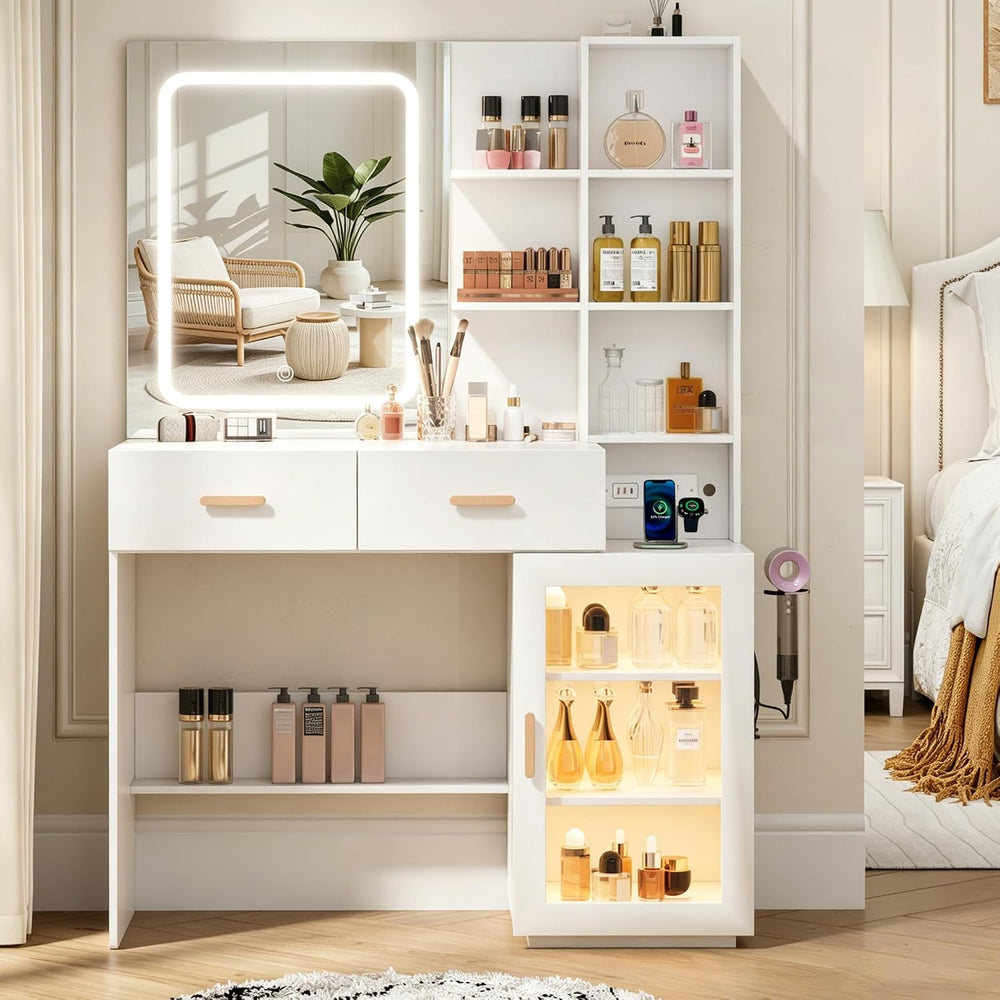 BZK White Makeup Vanity Desk with LED Lighted Mirror & Charging Station, ...