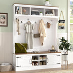 VilroCaz Versatile Hall Tree with 7 Hooks and Shoe Storage, 71''H Farmhouse Wood Coat Rack Entryway Storage Organizer Cabinet with 4 Shoe Cubbies, 54.30'' Wide Hall Tree for Entrance Hallway