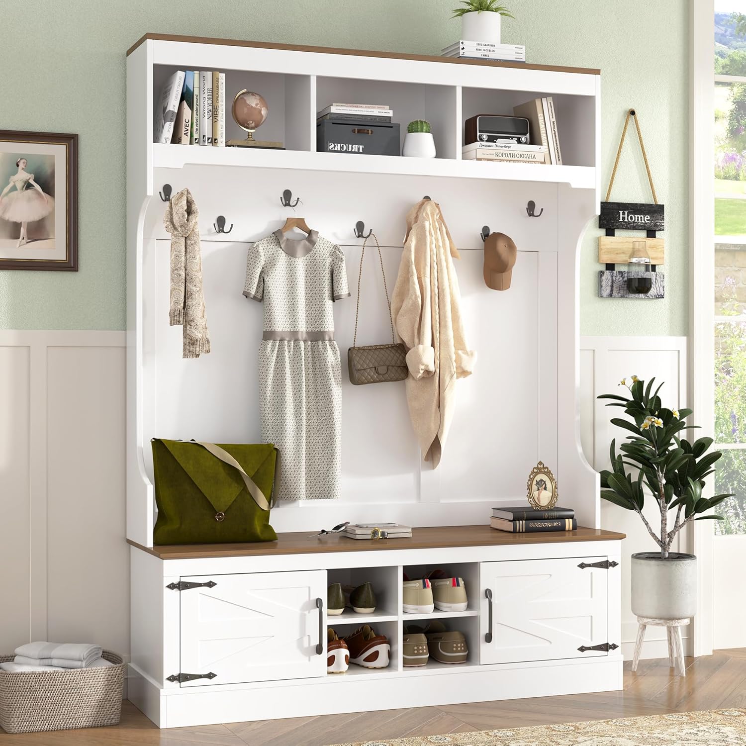 VilroCaz Versatile Hall Tree with 7 Hooks and Shoe Storage, 71''H Farmhouse Wood Coat Rack Entryway Storage Organizer Cabinet with 4 Shoe Cubbies, 54.30'' Wide Hall Tree for Entrance Hallway