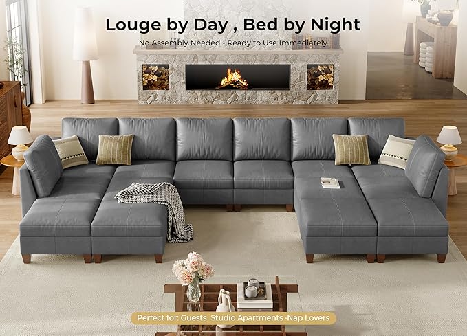 SITJOY 172" Faux Leather Modular Sectional Sofa with Storage, Mid Century Modern Sectional Couches for Living Room, Soft Padded Armrests, Oversized 14 Seat U Shaped Couch with Chaise, Gray