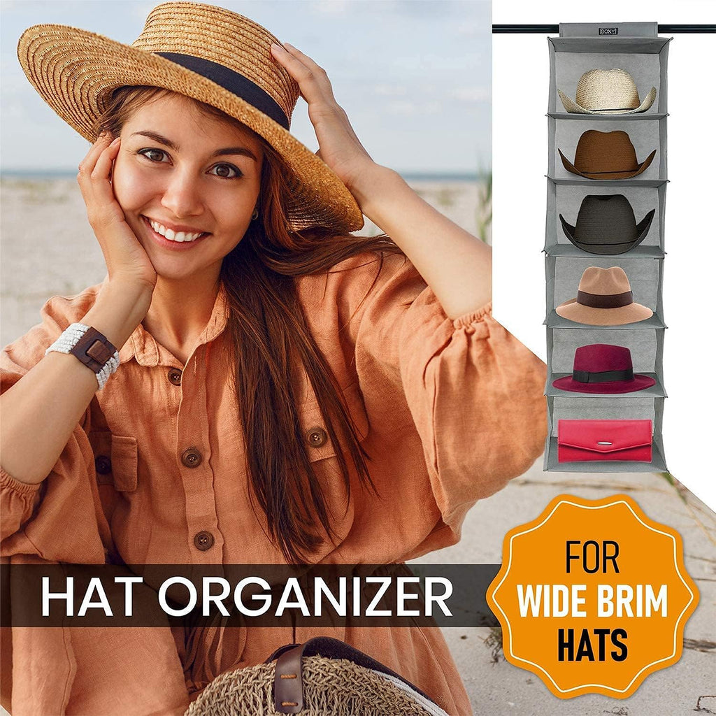 Boxy Concepts 6-Shelf Cowboy Hat Organizer Rack - 13in Wide X-Large Grey - Hat Rack for Wall Mount Hook & Loop - Soft Fabric Preserve Shape - Baseball Cap Organizer