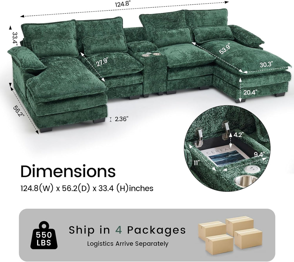 124.8'' U-Shaped Cloud Modular Sofa with Chaise Lounges, Chenille Com...