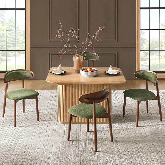 HULALA HOME Dining Chairs Set of 4 Mid-Century Modern Fabric Upholstered Dining Room Chairs Kitchen Side Chair with Open Curved Back, Walnut Rubber Wood Legs, Dinner Chairs for Living Room, Olive