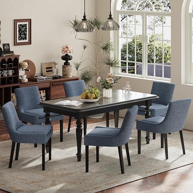 Modern Dining Chairs Set of 6, Upholstered Corduroy Dining Room Chairs with Wood Legs, Mid-Back Padded Kitchen Side Chairs for Dining Room, Blue