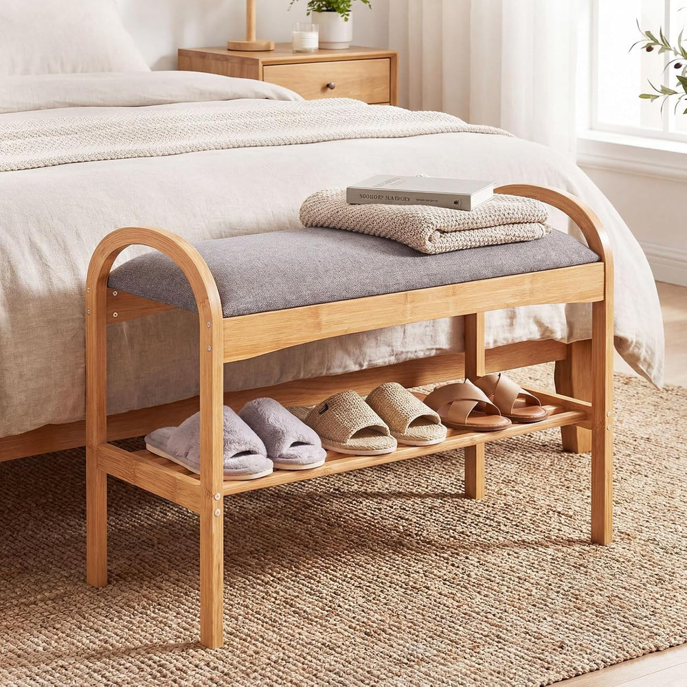 Giantex Shoe Rack Bench, Bamboo 2-Tier Entryway Bench with Padded Cushion, Sh...