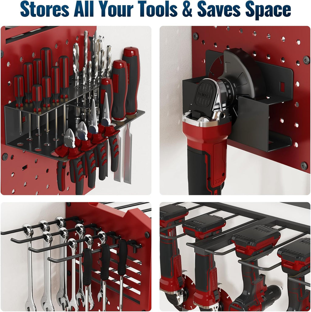 Tomorotec 4-Layer Wall-Mounted Power Tool Storage Rack, Heavy-Duty Steel Drill Organizer with Adjustable Shelves & Side Hooks for Toolbox, Easy Installation Garage & Workshop Storage (Red)