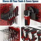 Tomorotec 4-Layer Wall-Mounted Power Tool Storage Rack, Heavy-Duty Steel Drill Organizer with Adjustable Shelves & Side Hooks for Toolbox, Easy Installation Garage & Workshop Storage (Red)