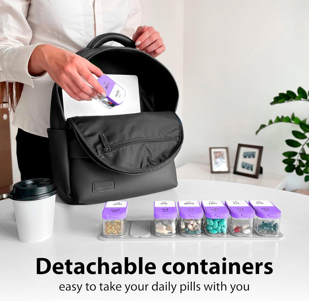 Extra Large Weekly Pill Organizer - XL Vitamin Holder with 7 Detachable AM PM Compartments - Portable Medicine Dispenser for Home and Travel, Big Supplement Container for Weekly or Daily Use, Purple