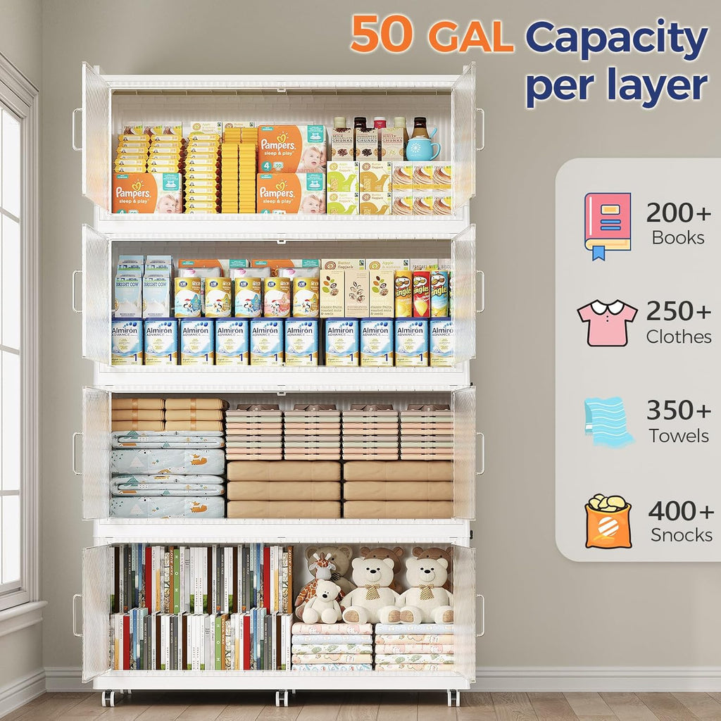 200GAL Extra Large Storage Bins with Lid, 800QT Collapsible Organizer with Wheels, Stackable Closet Cabinet with Doors, Folding Storage Containers for Home, Office, Kitchen, 4Pack White