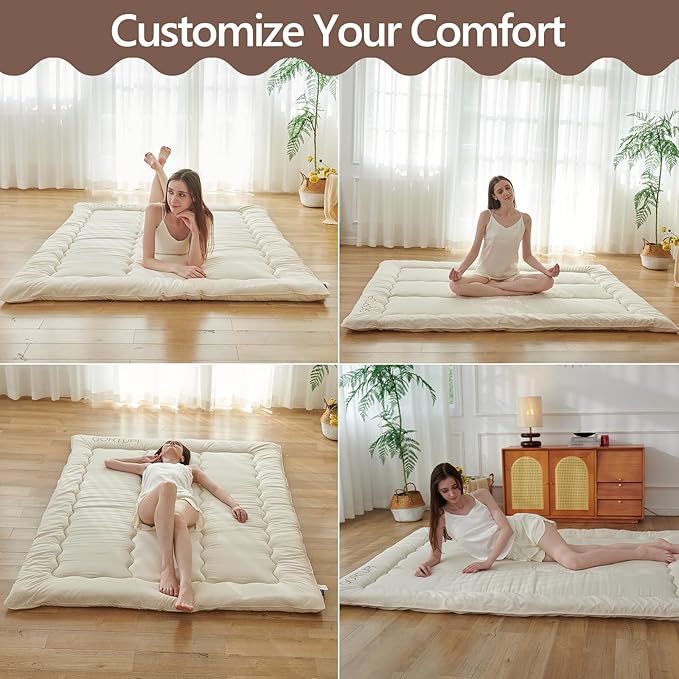 Twin Size Japanese Futon Mattress Foldable Topper Mattress for Floor Tatami Floor Mat Portable Roll-Up Bed for Guest Play mat for Kids Sleeping Pad Beige B