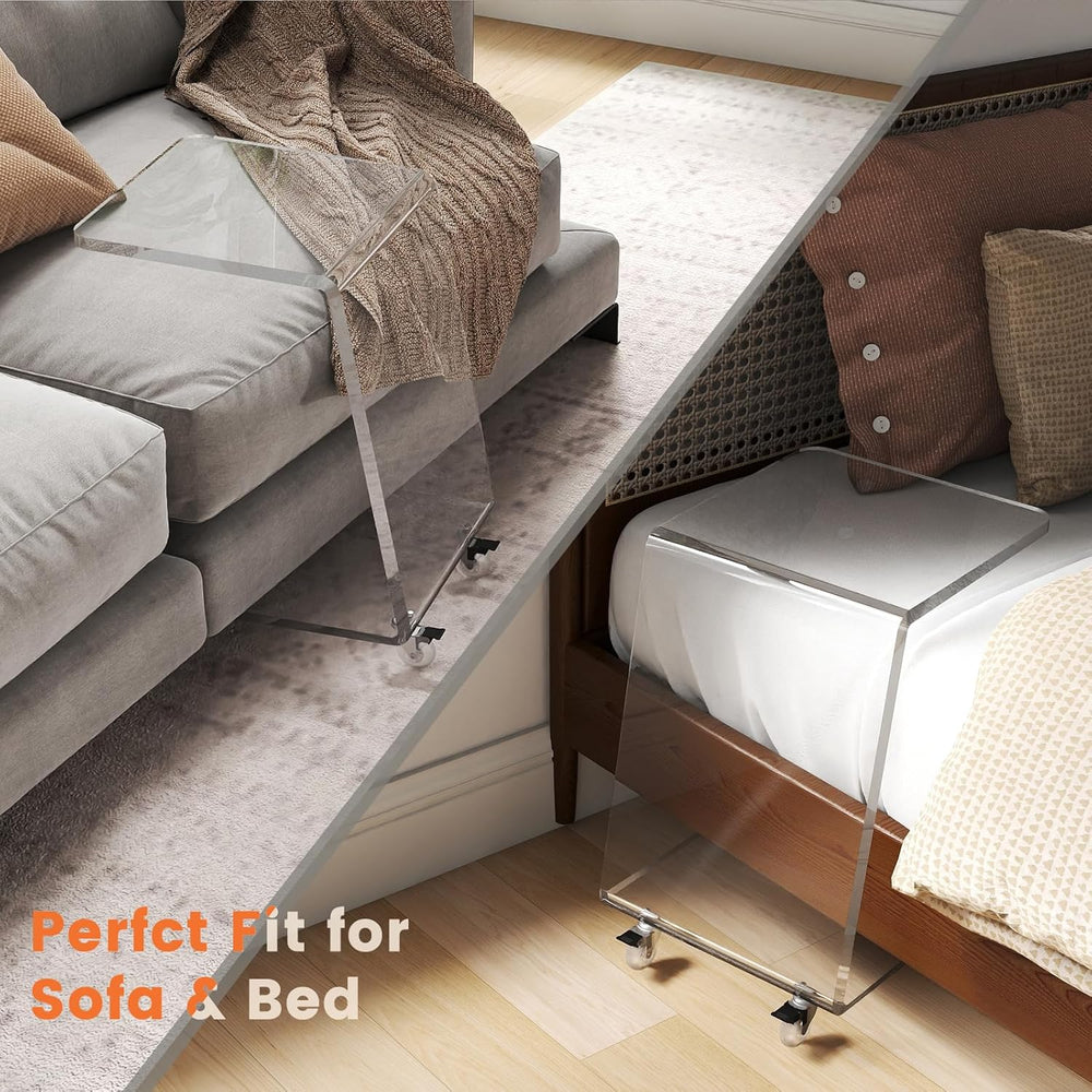 C Shaped Side Table for Sofa, Heavy Clear Acrylic Mobile End Table on Wheels,...