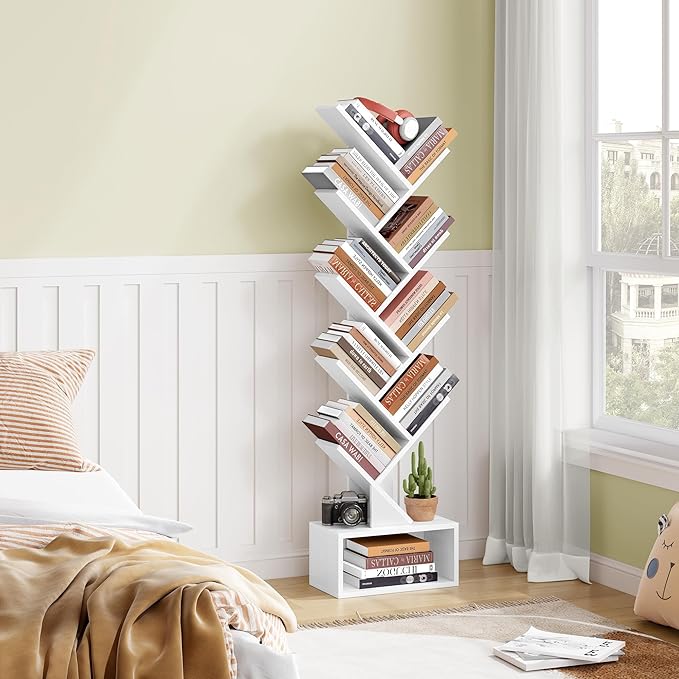 Hoctieon 9 Tier Tree Bookshelf, Tall Bookcase with Drawer, Wood Book Shelf, M...