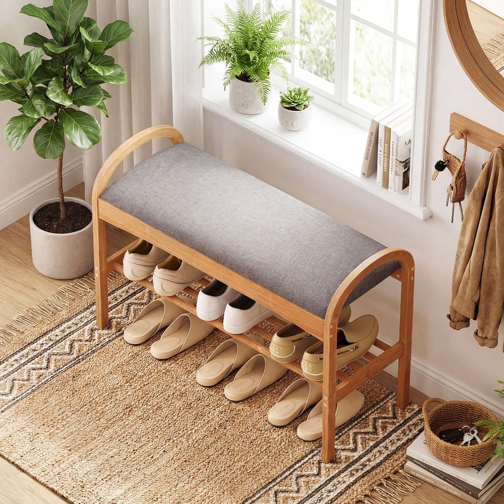 Giantex Shoe Rack Bench, Bamboo 2-Tier Entryway Bench with Padded Cushion, Sh...