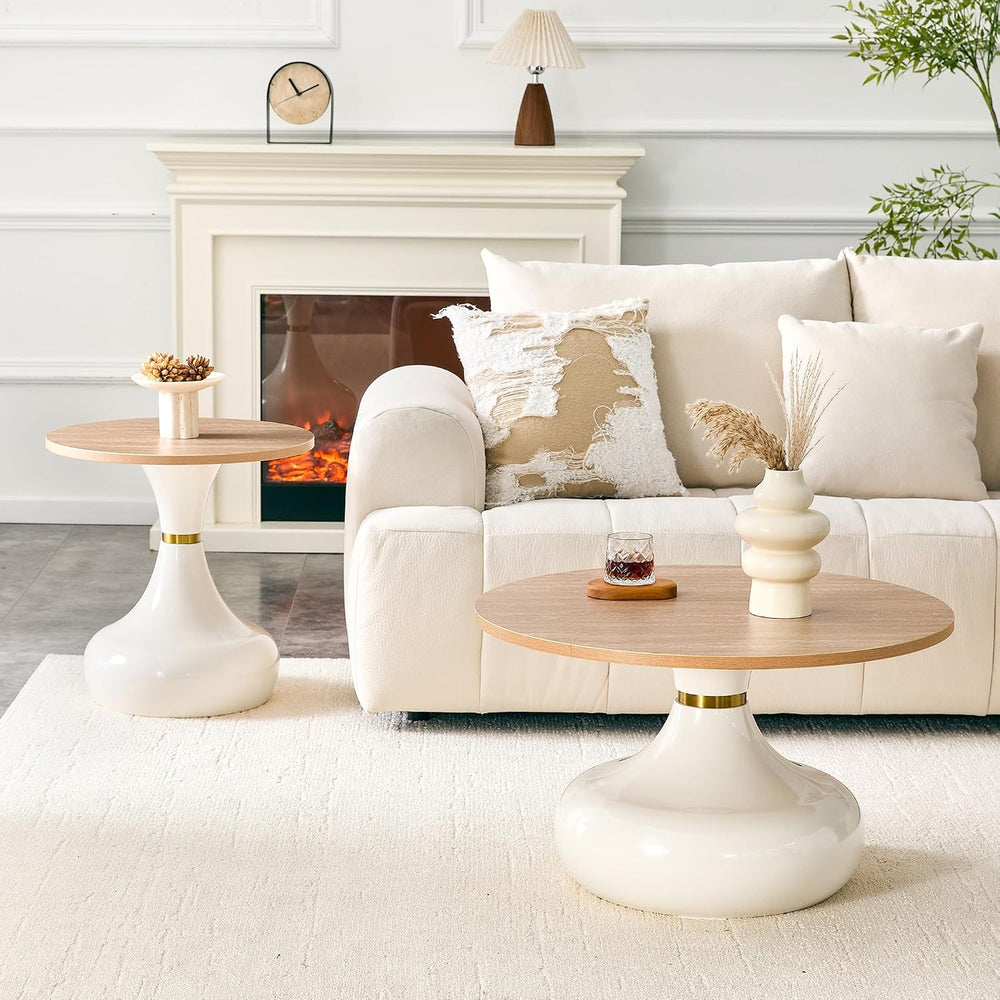 2-Piece Nesting Coffee Table Set, Light Wood Grain, Gold Metal Base | Nesting...