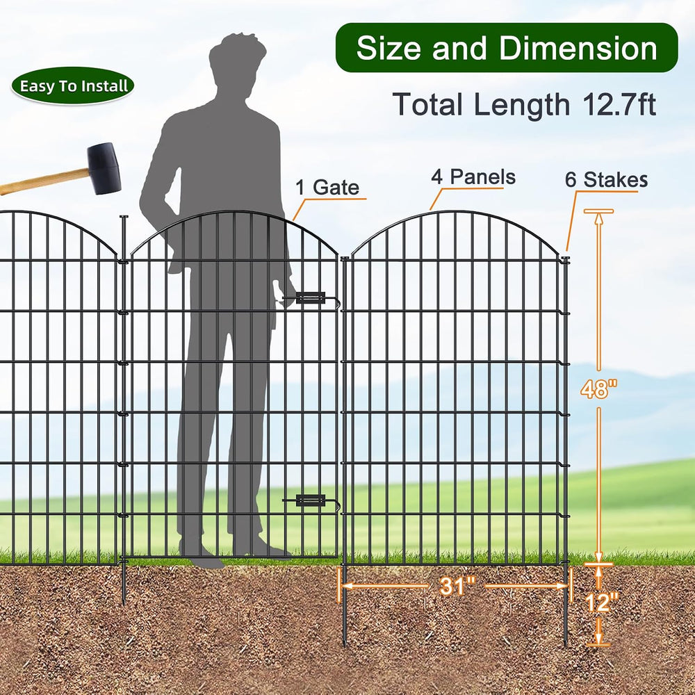 Metal Garden Fence with Gate 48 in x 12.7 ft, No-Dig Outdoor Dog Fence