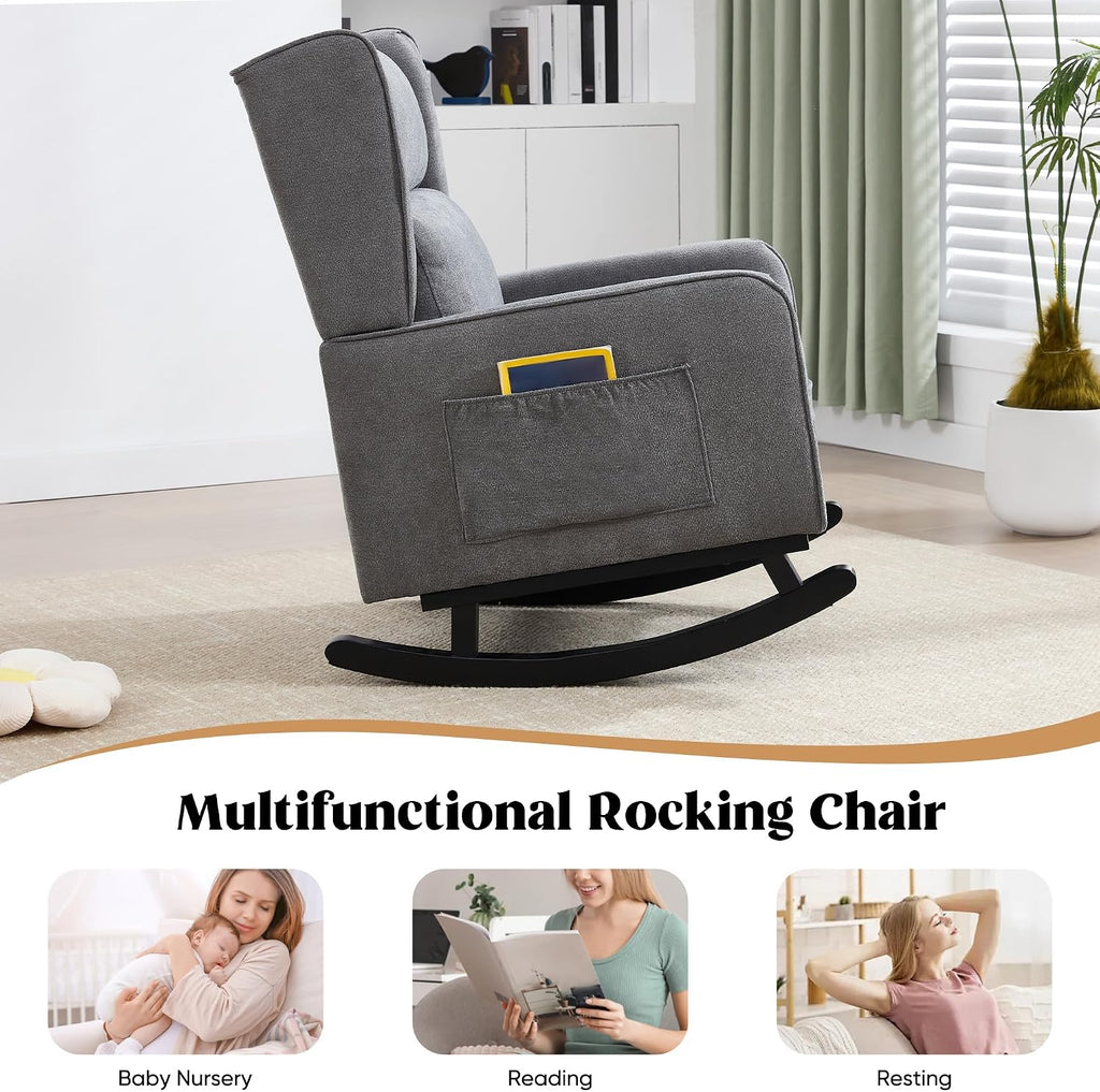 HCHAIRH Nursery Rocking Chairs, Modern Rocking Nursery Chair for Mom Nursery Rocker with High Backrest and Solid Wood Legs, Dark Grey